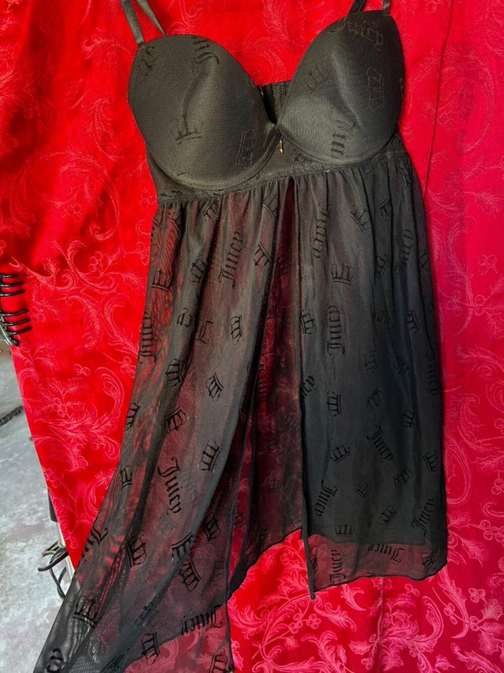 JUICY COUTURE Intimates Black Monogram Logo Mesh Babydoll L